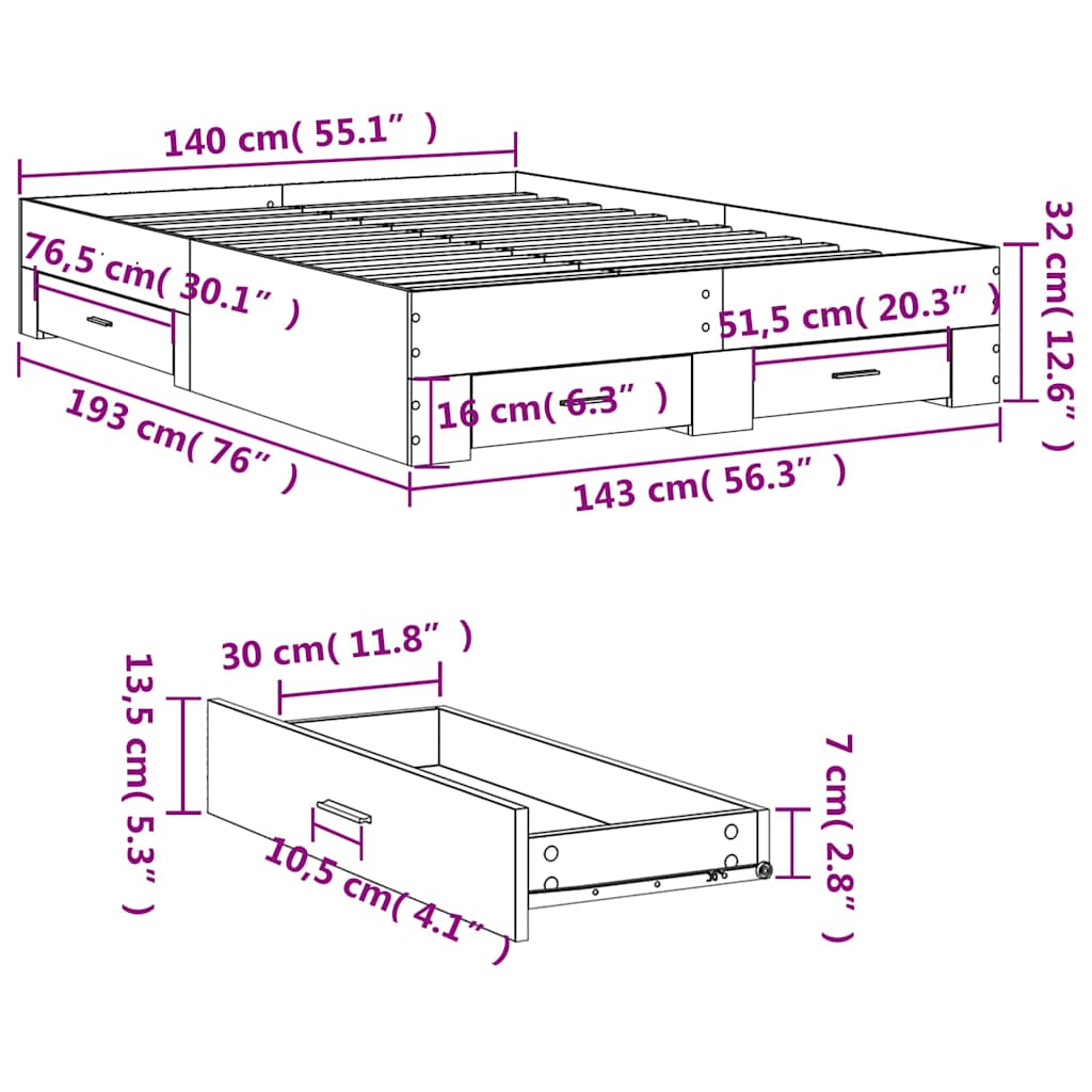 Bed Frame with Drawers without Mattress Sonoma Oak 140x190 cm