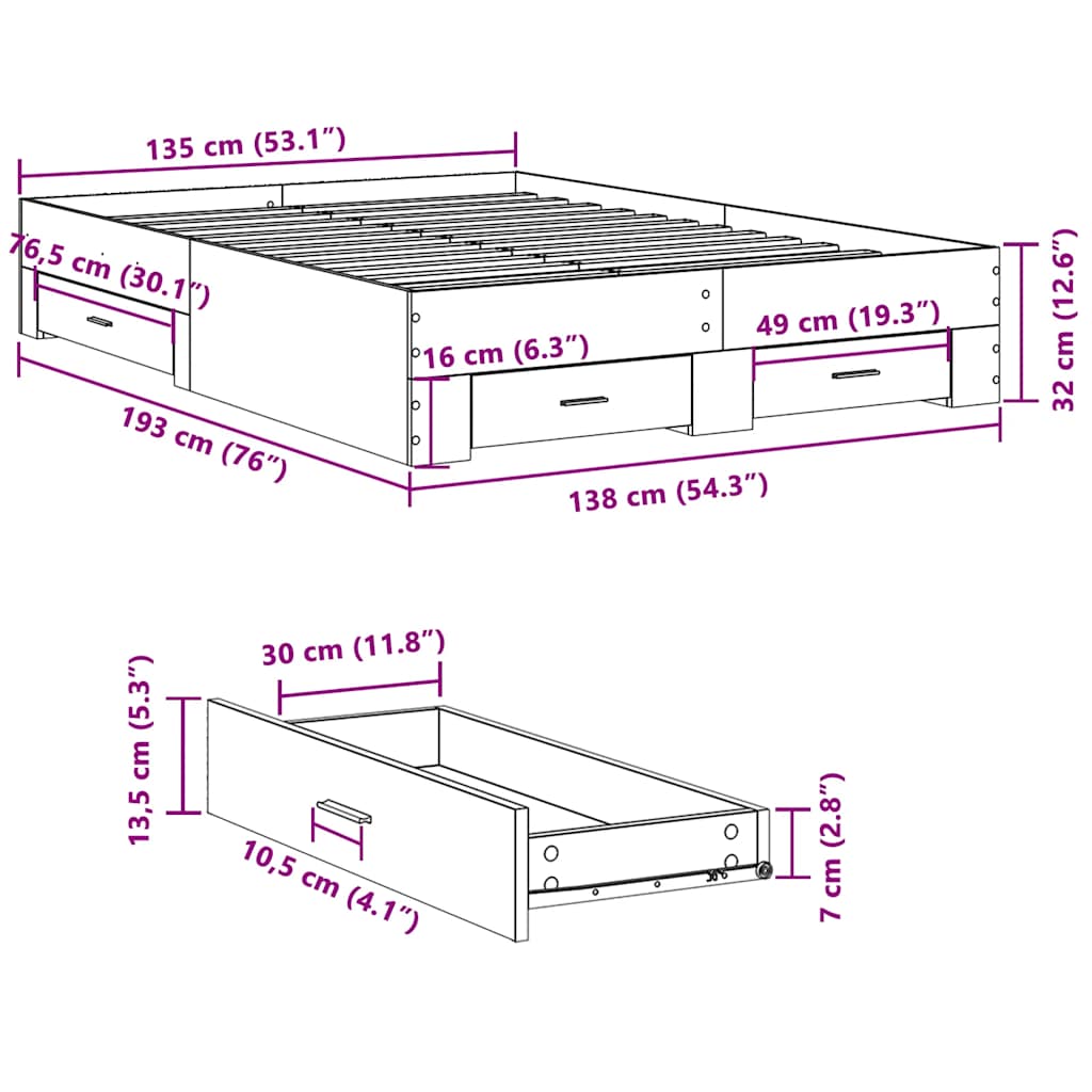 Bed Frame with Drawers without Mattress Concrete Grey 135x190 cm Double