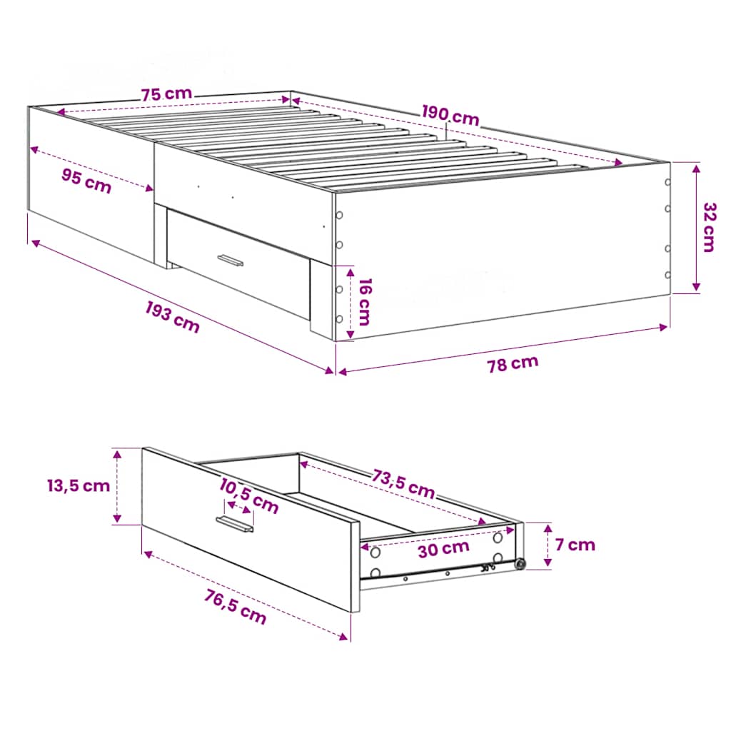 Bed Frame with Drawers without Mattress Concrete Grey 75x190 cm Small Single