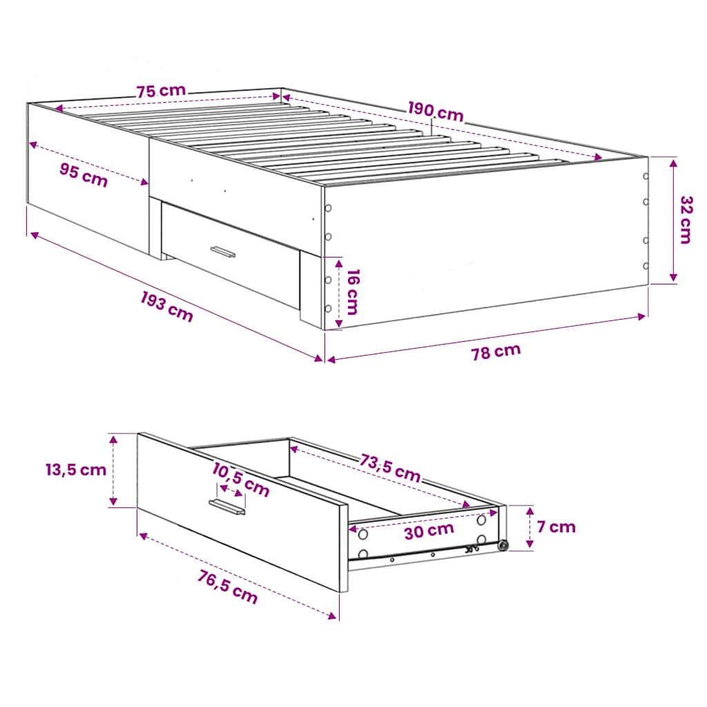 Bed Frame with Drawers without Mattress Brown Oak 75x190 cm Small Single