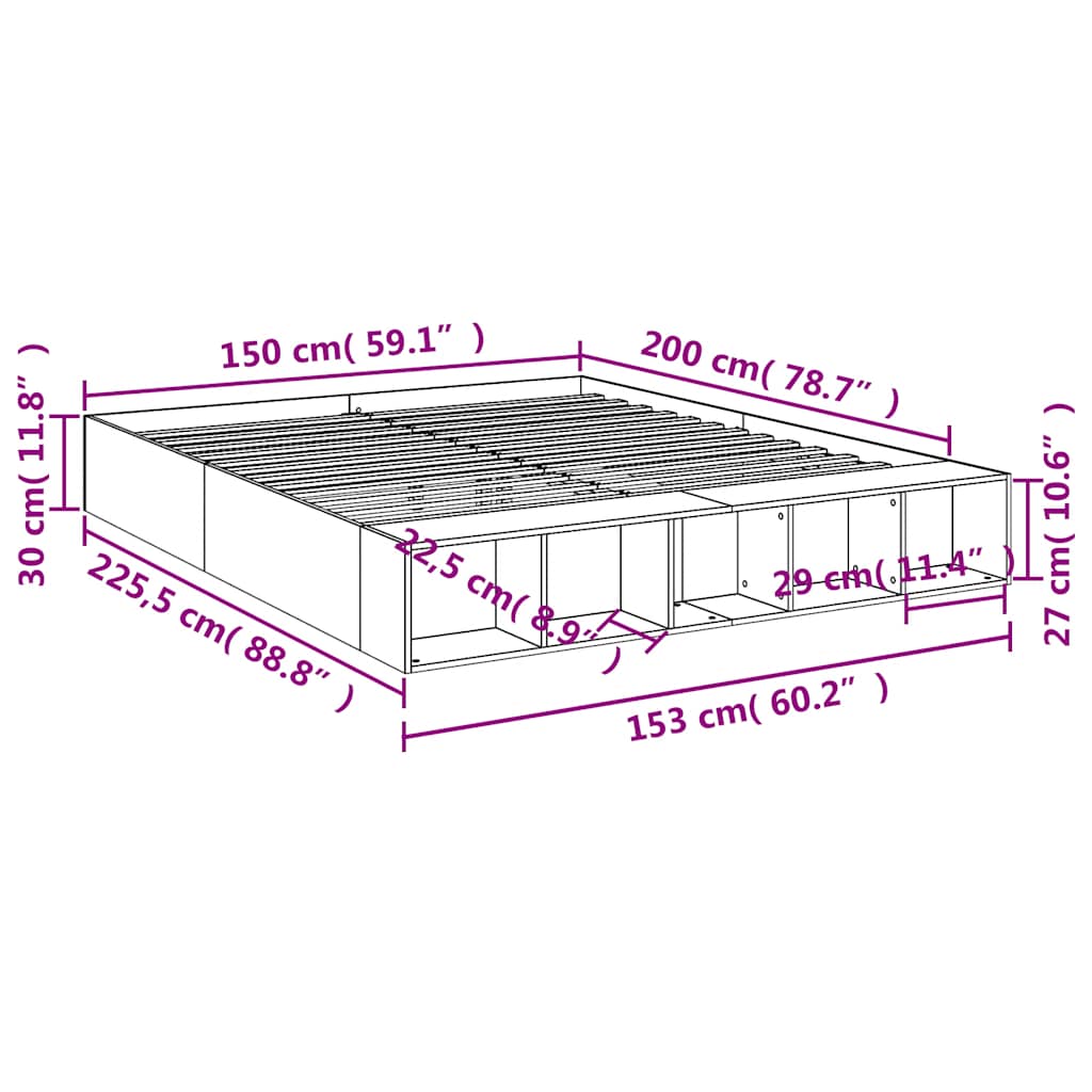 Bed Frame without Mattress Grey Sonoma 150x200 cm King Size