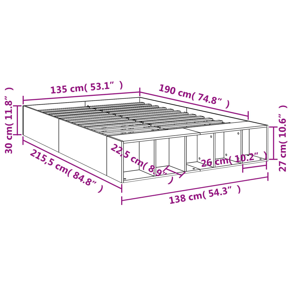 Bed Frame without Mattress Grey Sonoma 135x190 cm Double