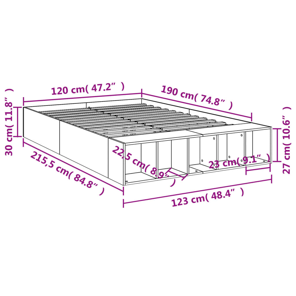 Bed Frame without Mattress Grey Sonoma 120x190 cm Small Double