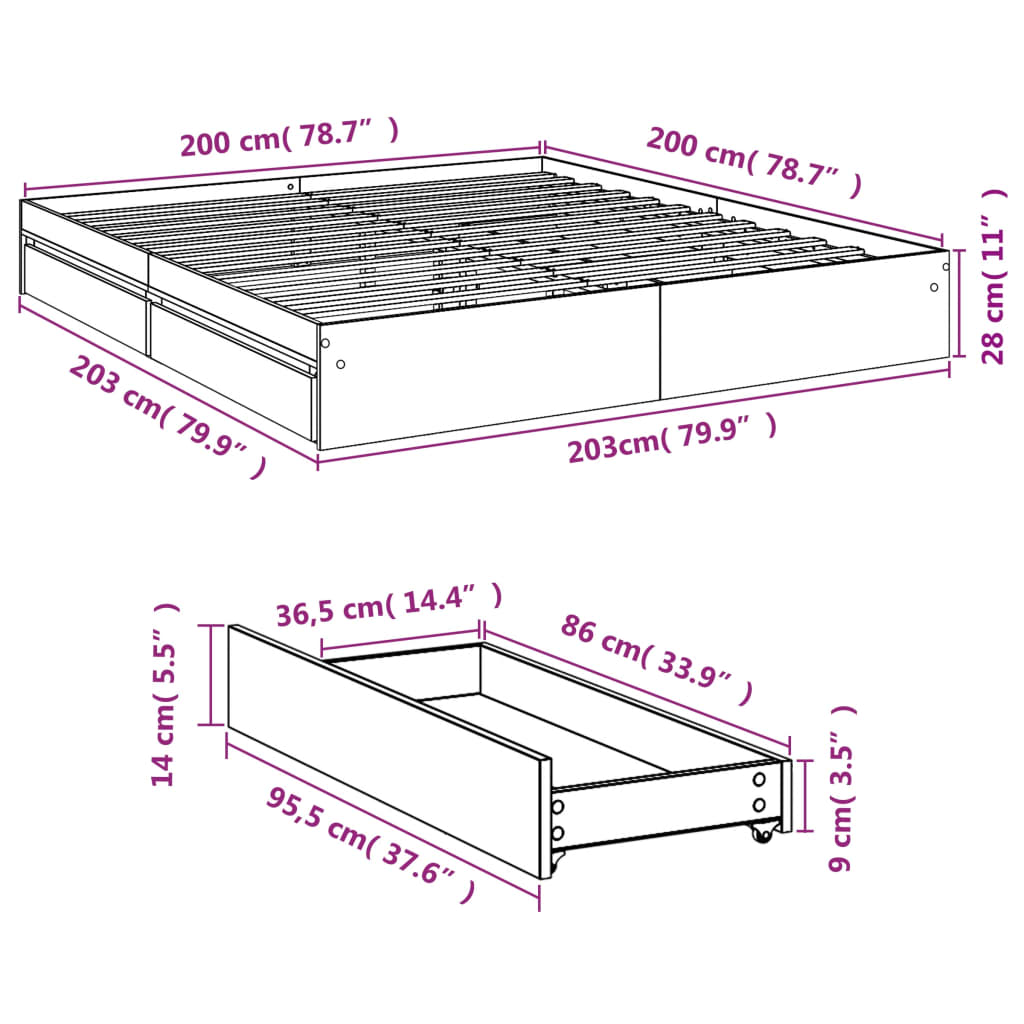 Bed Frame with Drawers without Mattress Black 200x200 cm