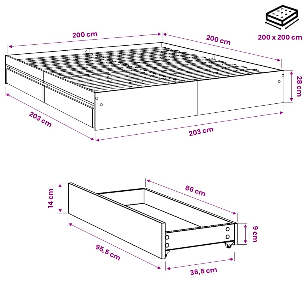 Bed Frame with Drawers without Mattress Sonoma Oak 200x200 cm