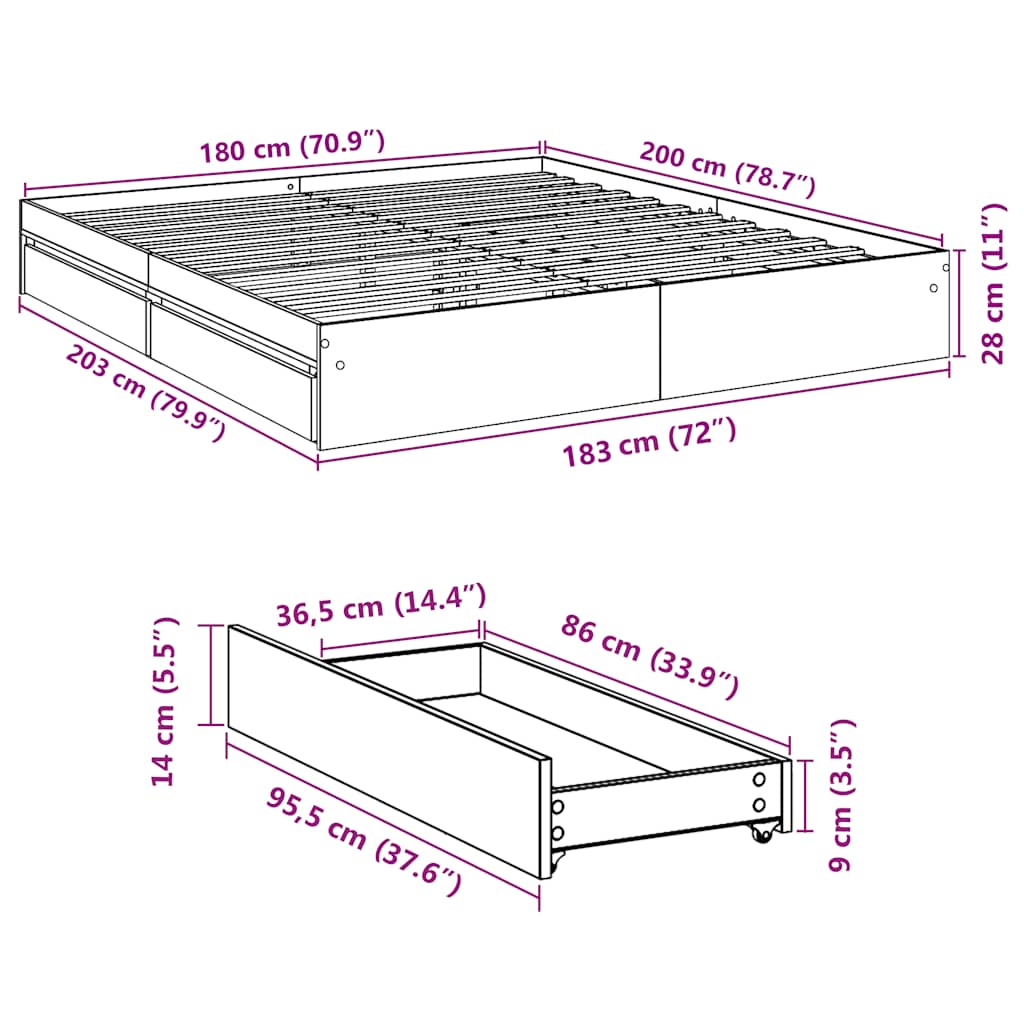 Bed Frame with Drawers without Mattress White 180x200 cm Super King
