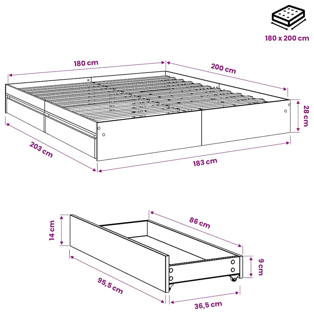 Bed Frame with Drawers without Mattress Concrete Grey 180x200 cm Super King