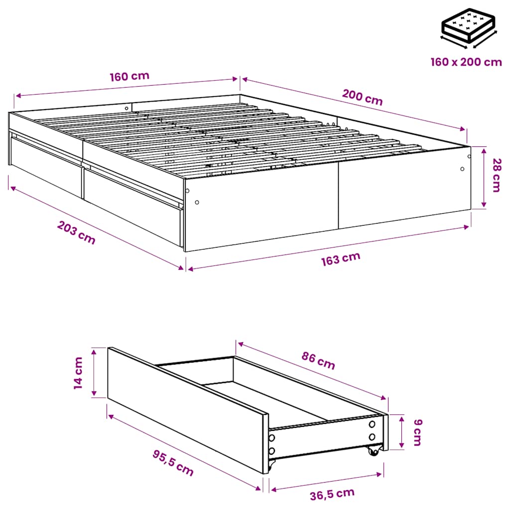 Bed Frame with Drawers without Mattress Grey Sonoma 160x200 cm