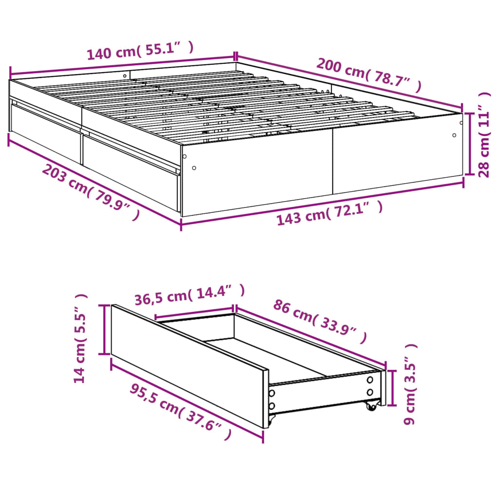 Bed Frame with Drawers without Mattress Sonoma Oak 140x200 cm