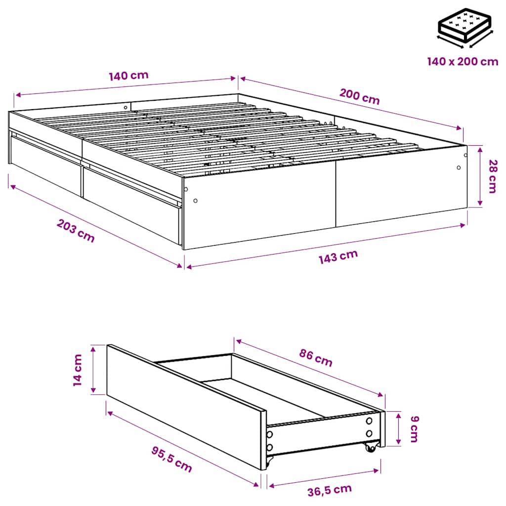 Bed Frame with Drawers without Mattress Smoked Oak 140x200 cm