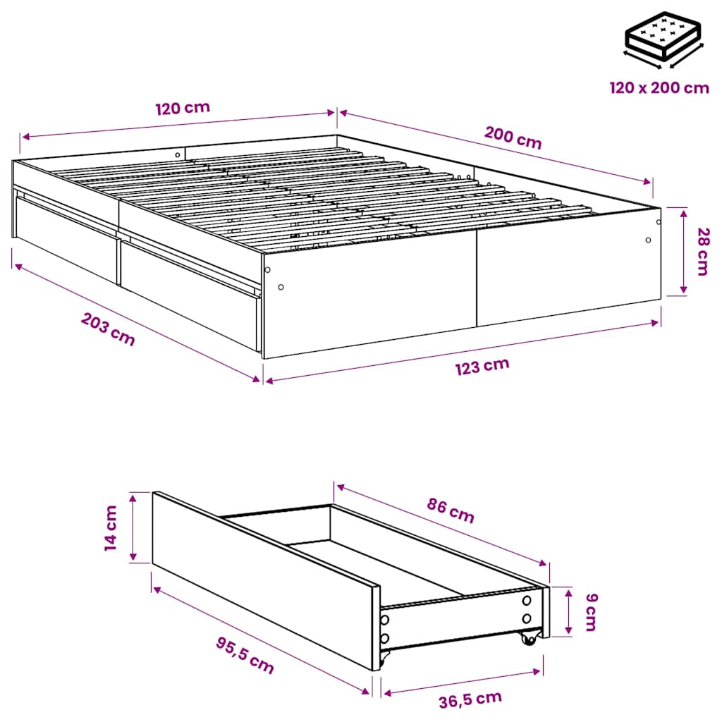 Bed Frame with Drawers without Mattress Smoked Oak 120x200 cm