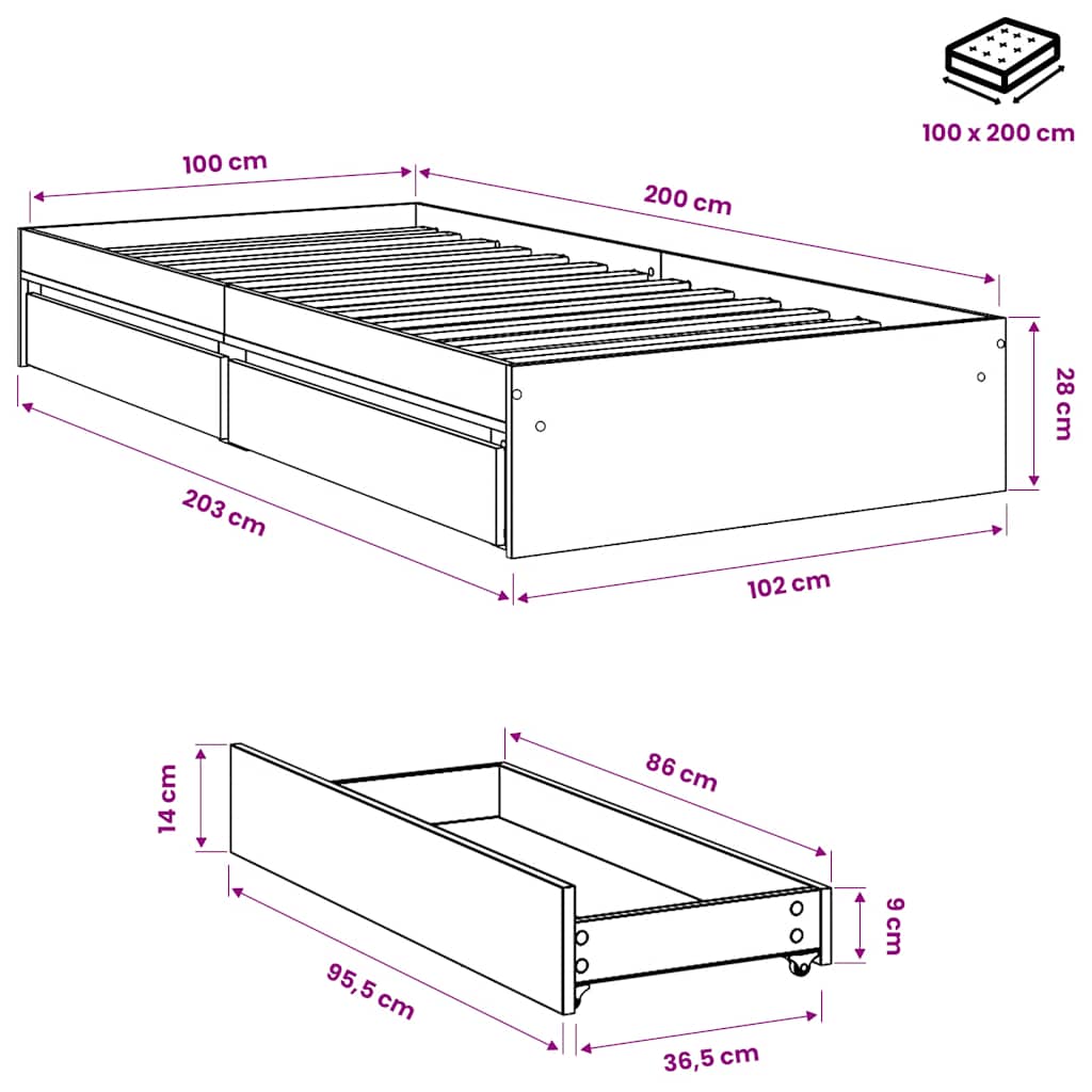Bed Frame with Drawers without Mattress White 100x200 cm