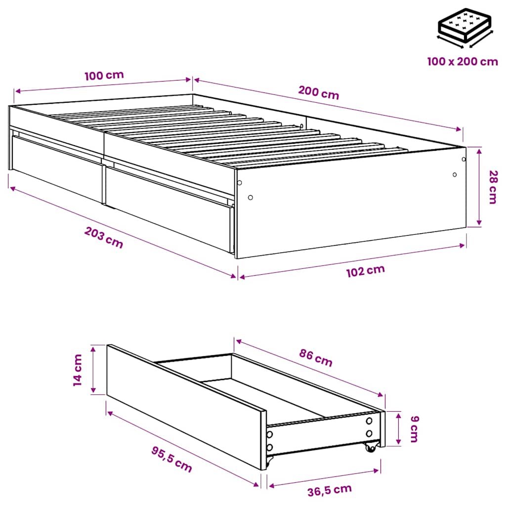 Bed Frame with Drawers without Mattress Concrete Grey 100x200 cm