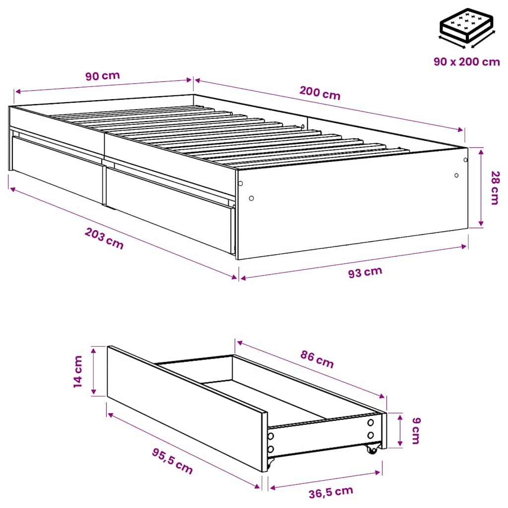 Bed Frame with Drawers without Mattress Smoked Oak 90x200 cm