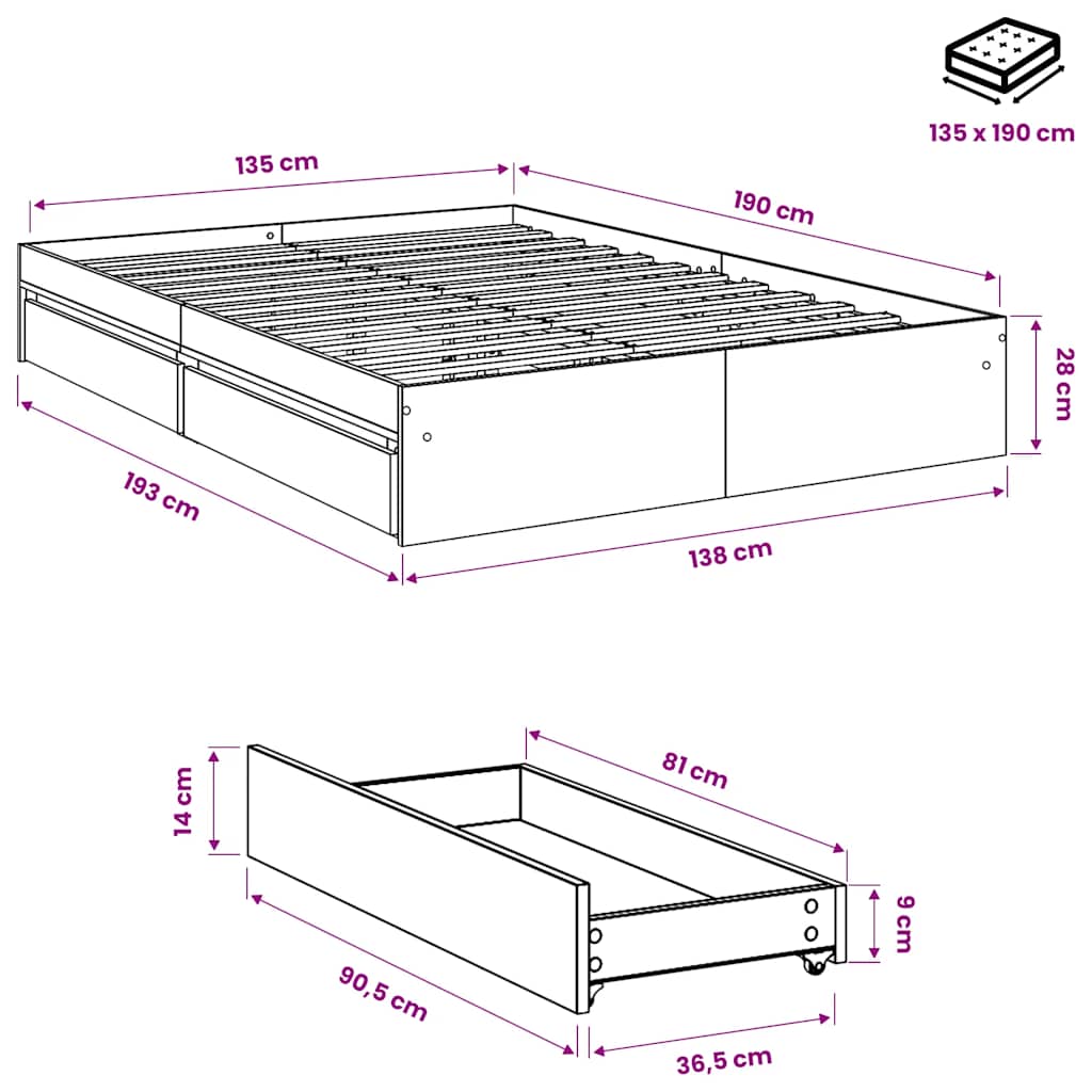 Bed Frame with Drawers without Mattress White 135x190 cm Double
