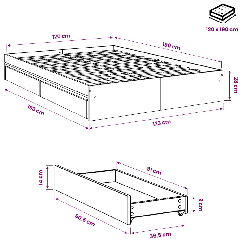 Bed Frame with Drawers without Mattress Grey Sonoma 120x190 cm Small Double