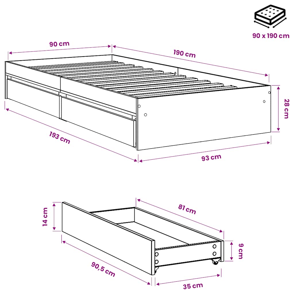 Bed Frame with Drawers without Mattress Smoked Oak 90x190 cm Single