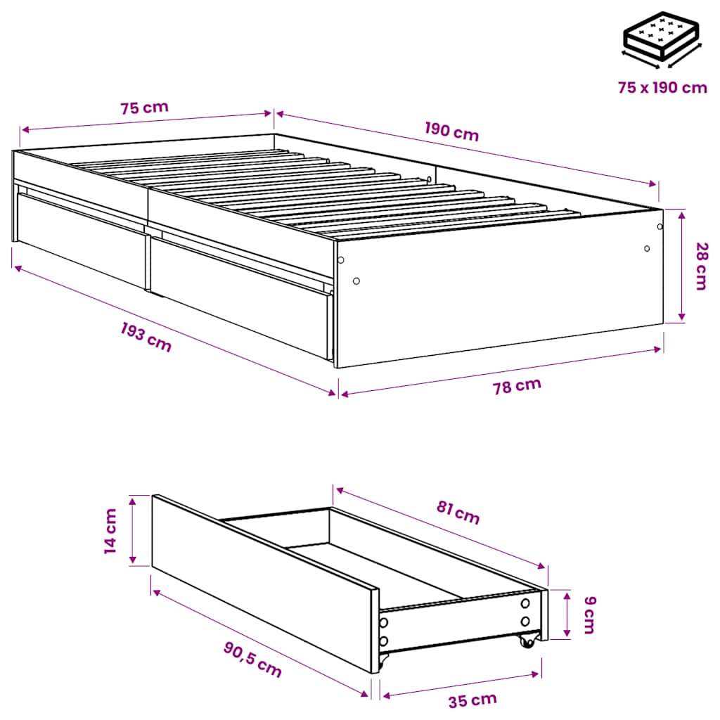 Bed Frame with Drawers without Mattress White 75x190 cm Small Single