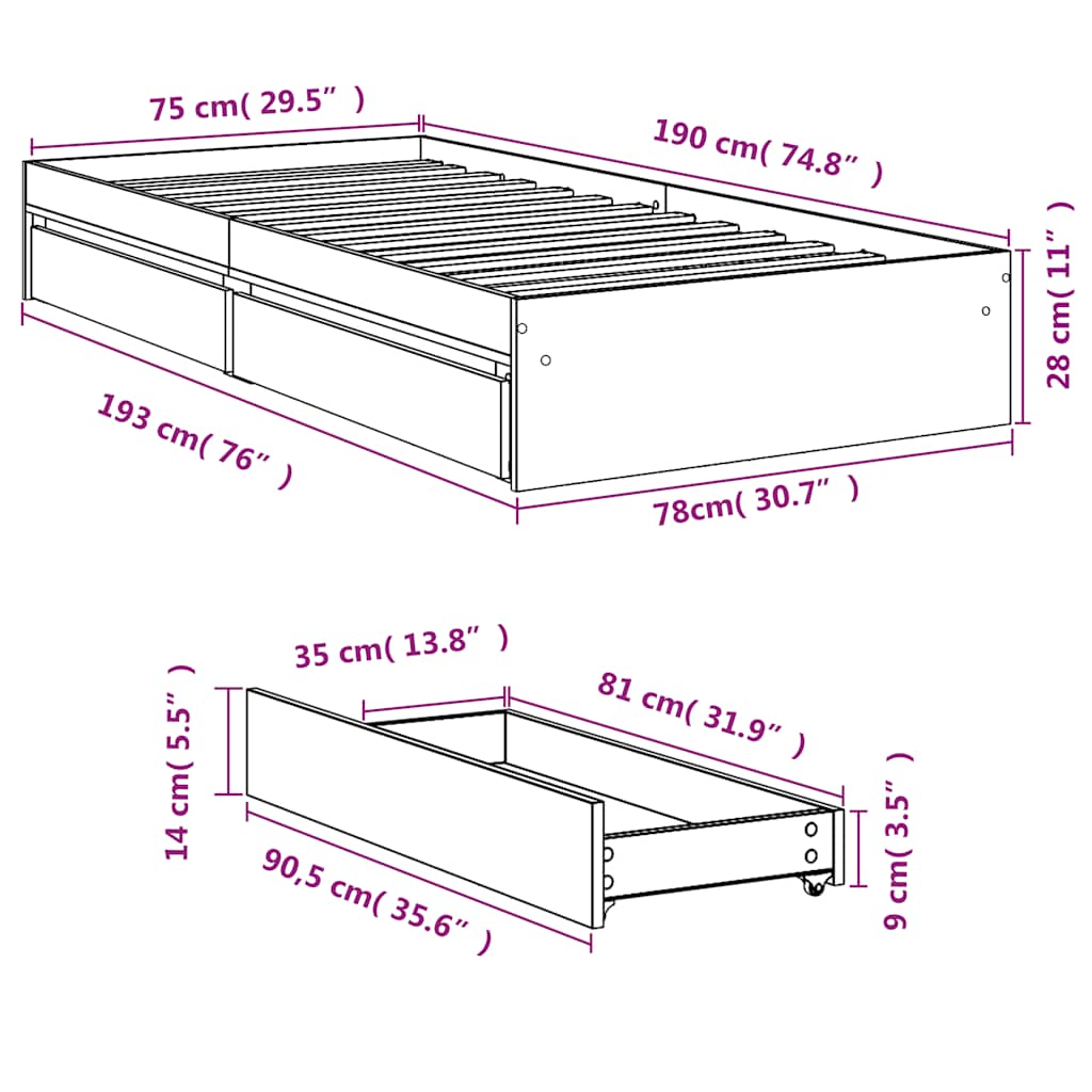Bed Frame with Drawers without Mattress Sonoma Oak 75x190 cm Small Single