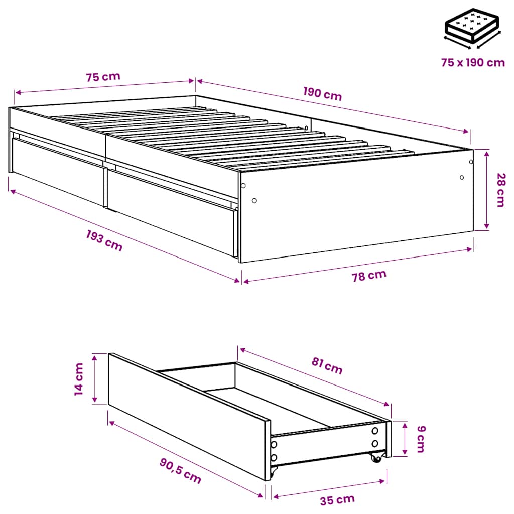 Bed Frame with Drawers without Mattress Smoked Oak 75x190 cm Small Single
