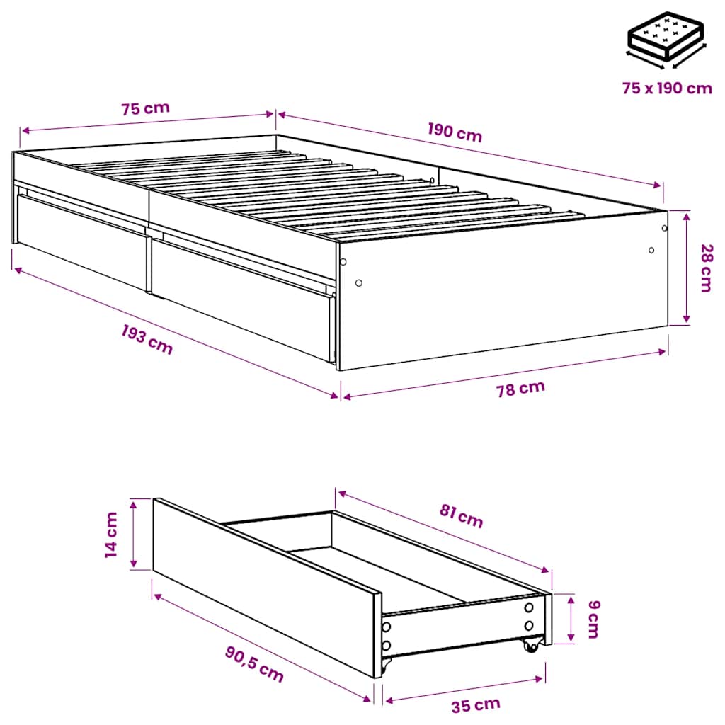 Bed Frame with Drawers without Mattress Grey Sonoma 75x190 cm Small Single