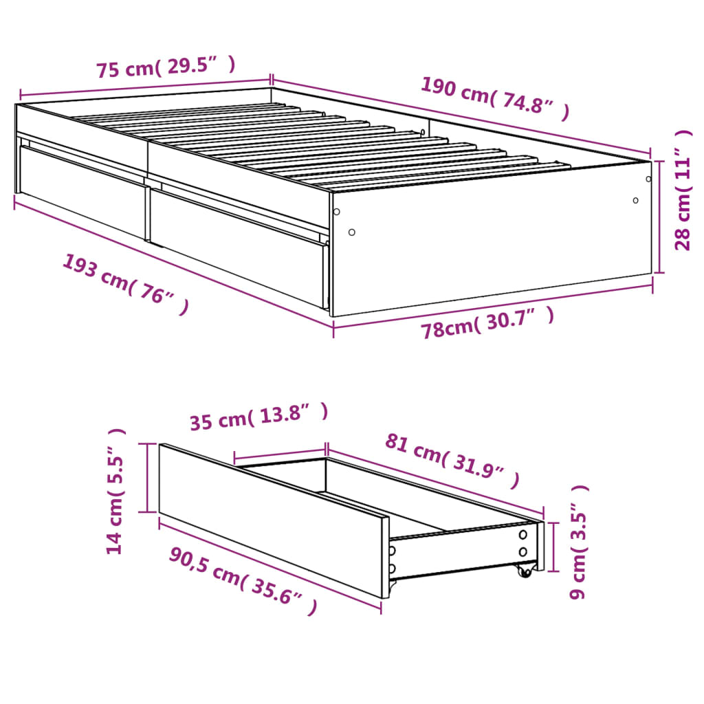 Bed Frame with Drawers without Mattress Brown Oak 75x190 cm Small Single