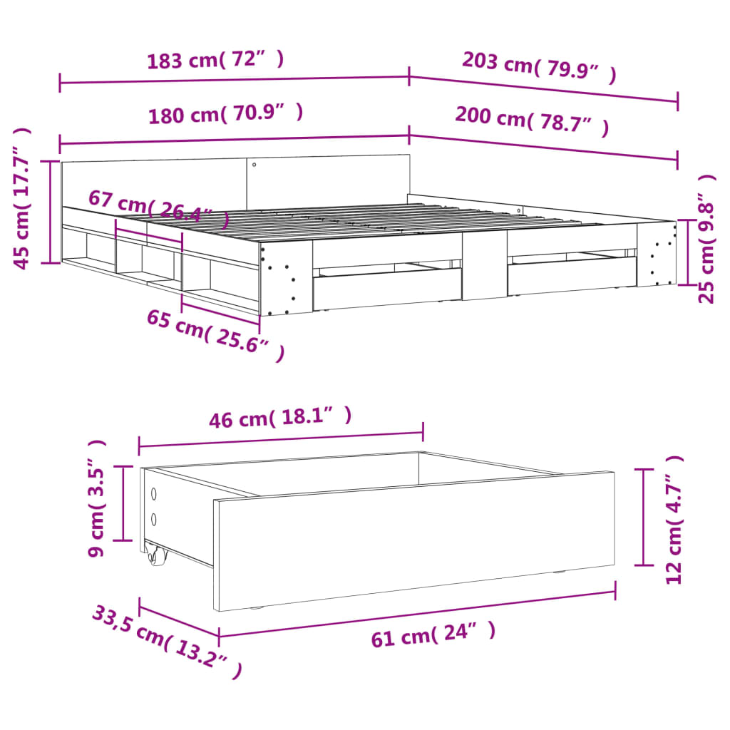 Bed Frame with Drawers without Mattress Grey Sonoma 180x200 cm Super King