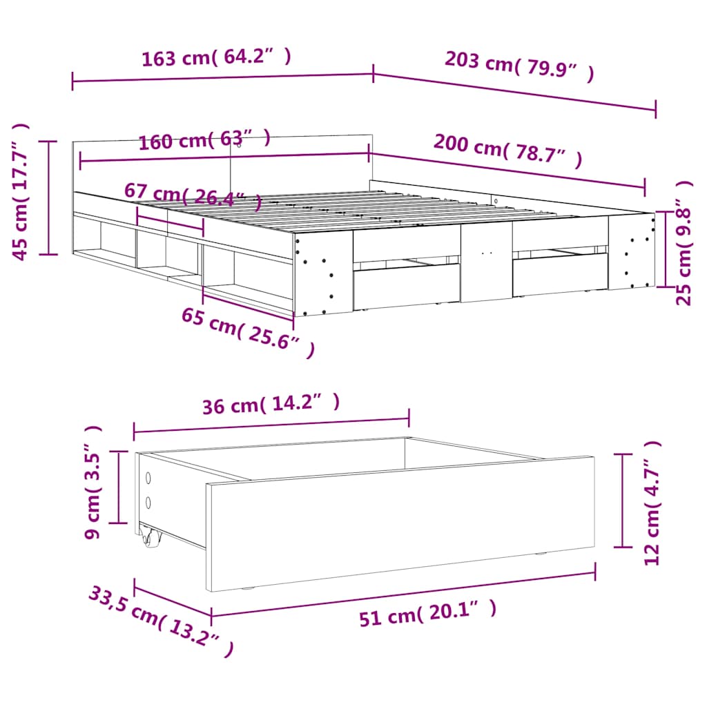 Bed Frame with Drawers without Mattress Concrete Grey 160x200 cm