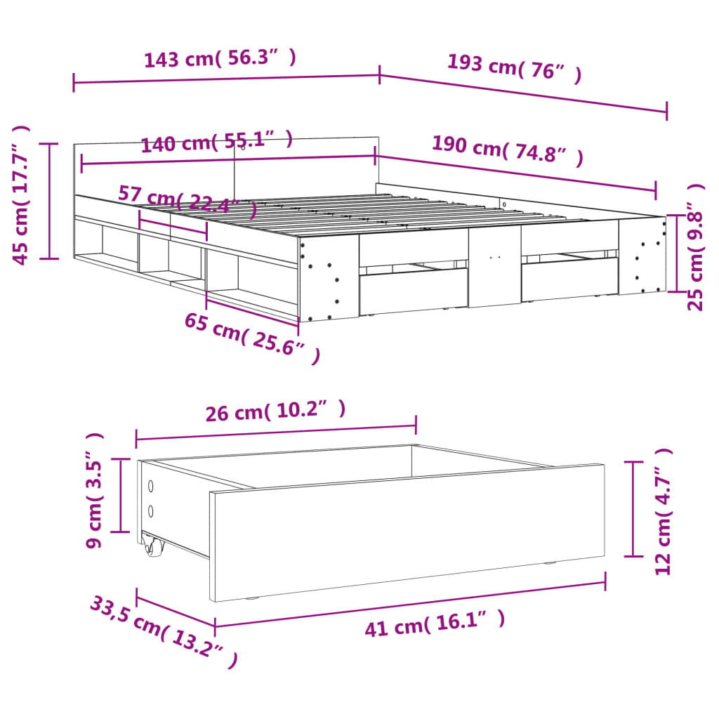 Bed Frame with Drawers without Mattress Concrete Grey 140x190 cm