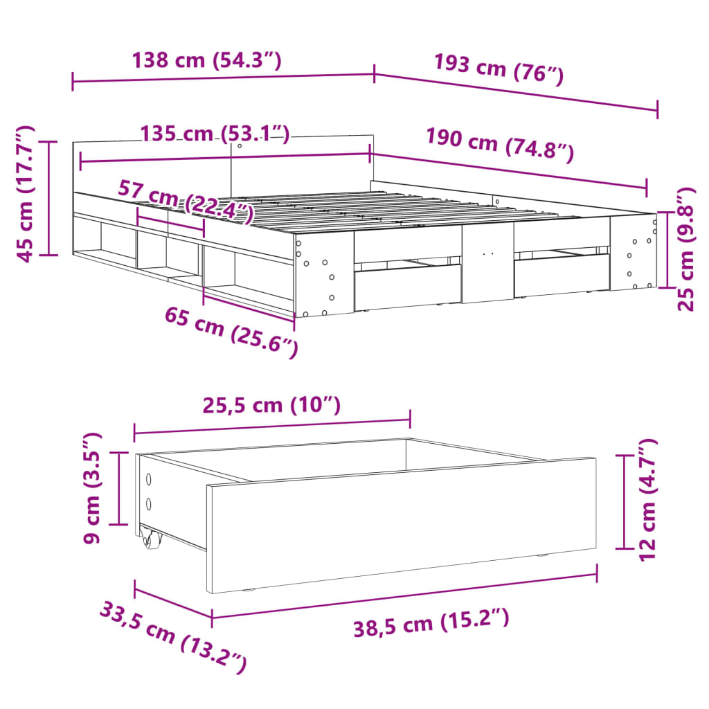 Bed Frame with Drawers without Mattress Grey Sonoma 135x190 cm Double