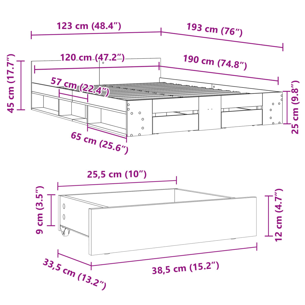 Bed Frame with Drawers without Mattress Sonoma Oak 120x190 cm