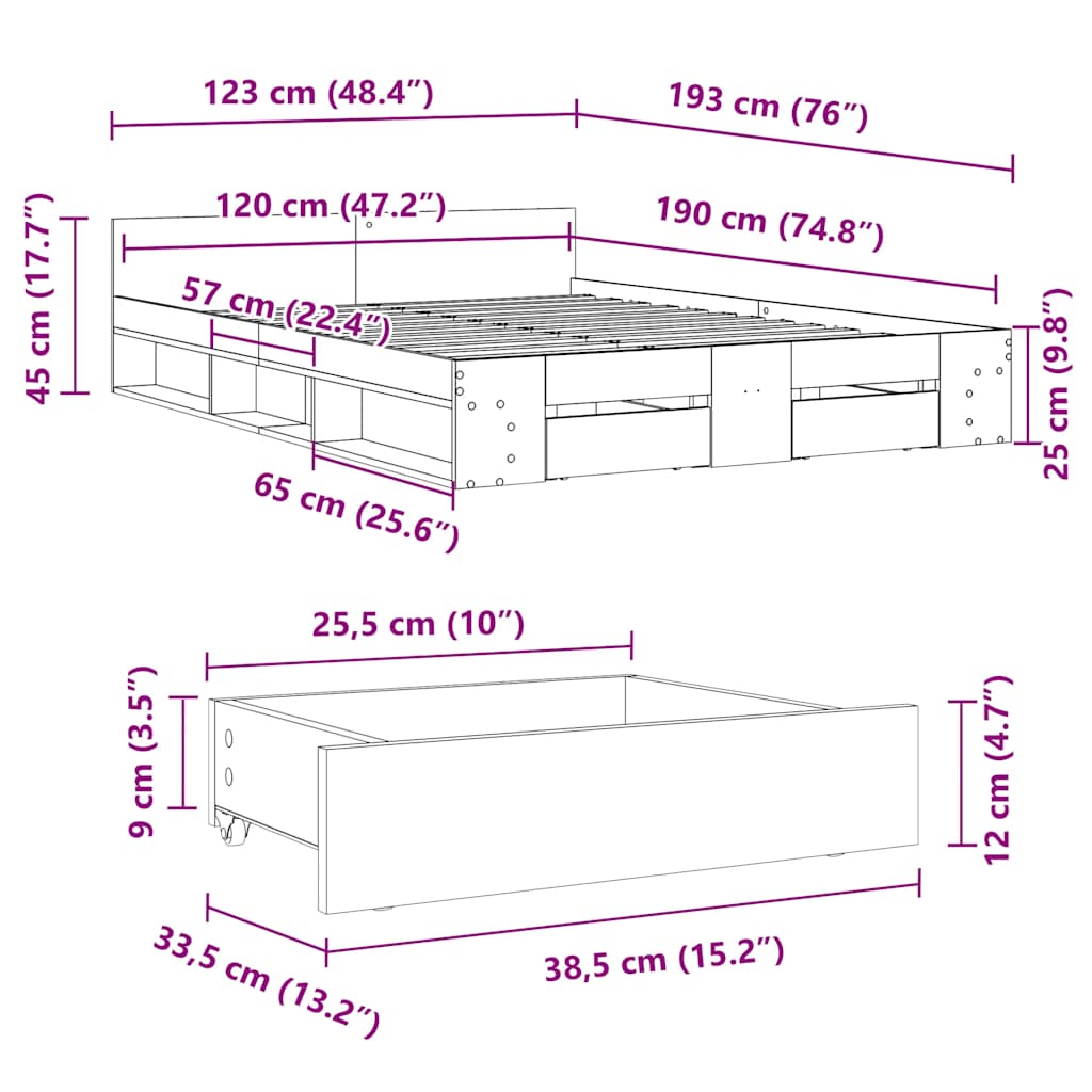 Bed Frame with Drawers without Mattress Grey Sonoma 120x190 cm Small Double