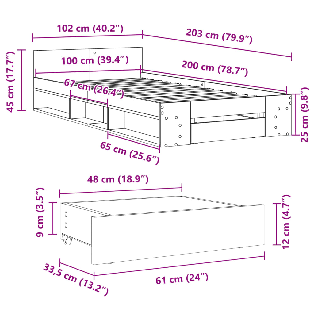 Bed Frame with Drawer without Mattress Smoked Oak 100x200 cm
