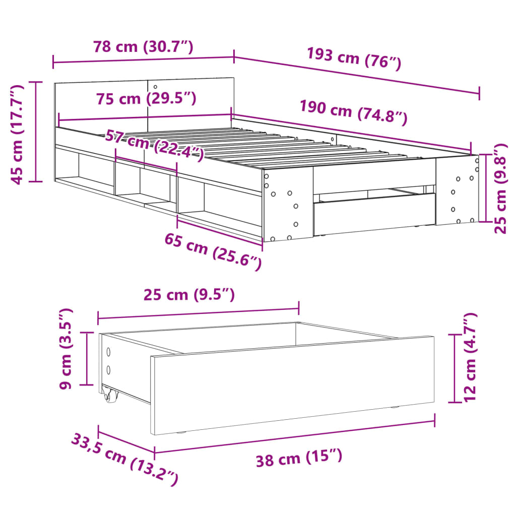 Bed Frame with Drawer without Mattress White 75x190 cm Small Single