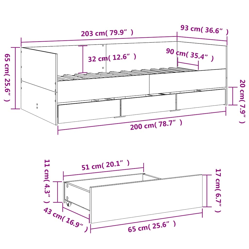 Daybed with Drawers without Mattress Sonoma Oak 90x200 cm