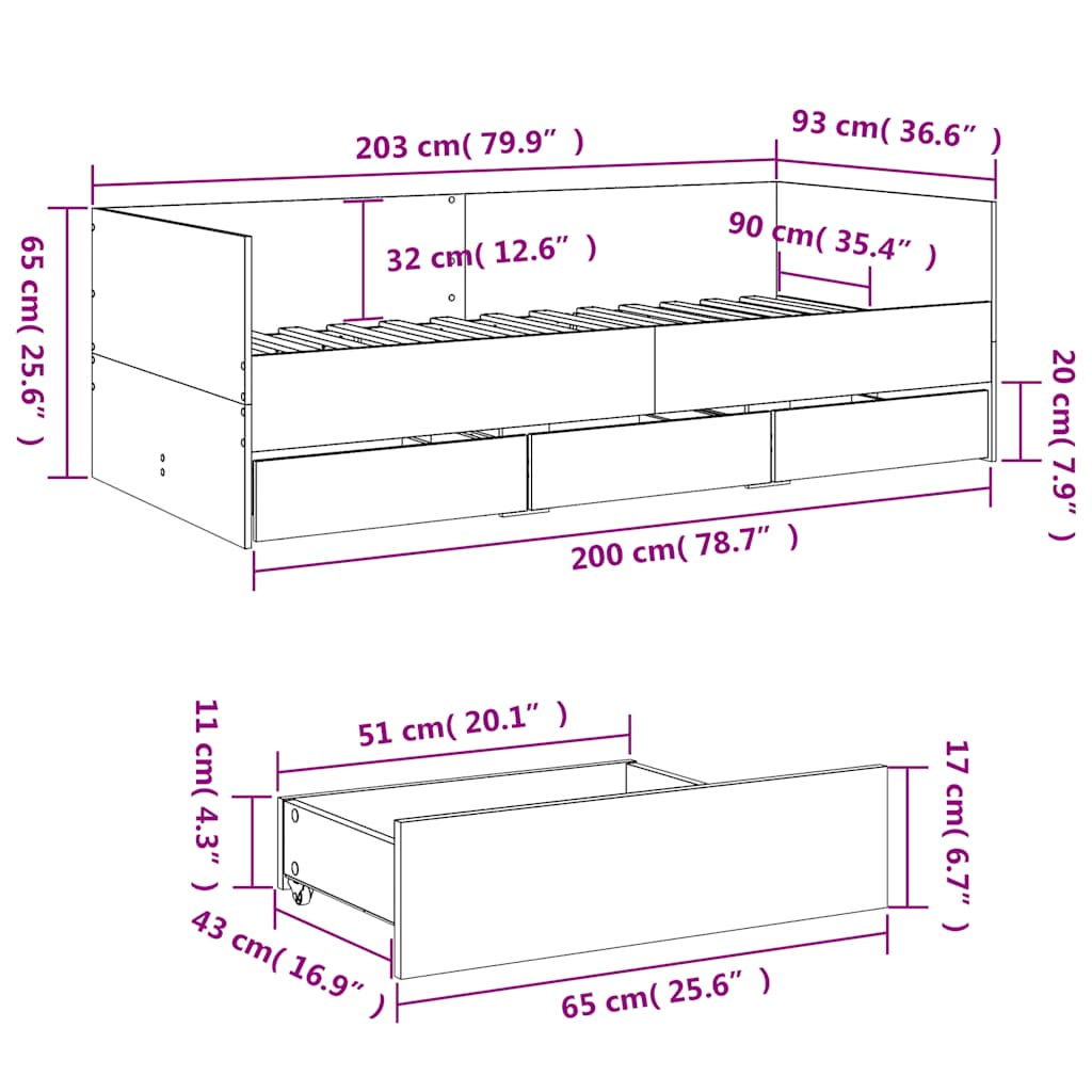 Daybed with Drawers without Mattress Concrete Grey 90x200 cm