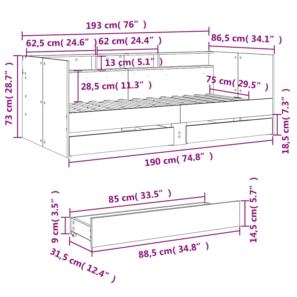 Daybed with Drawers without Mattress Concrete Grey 75x190 cm Small Single