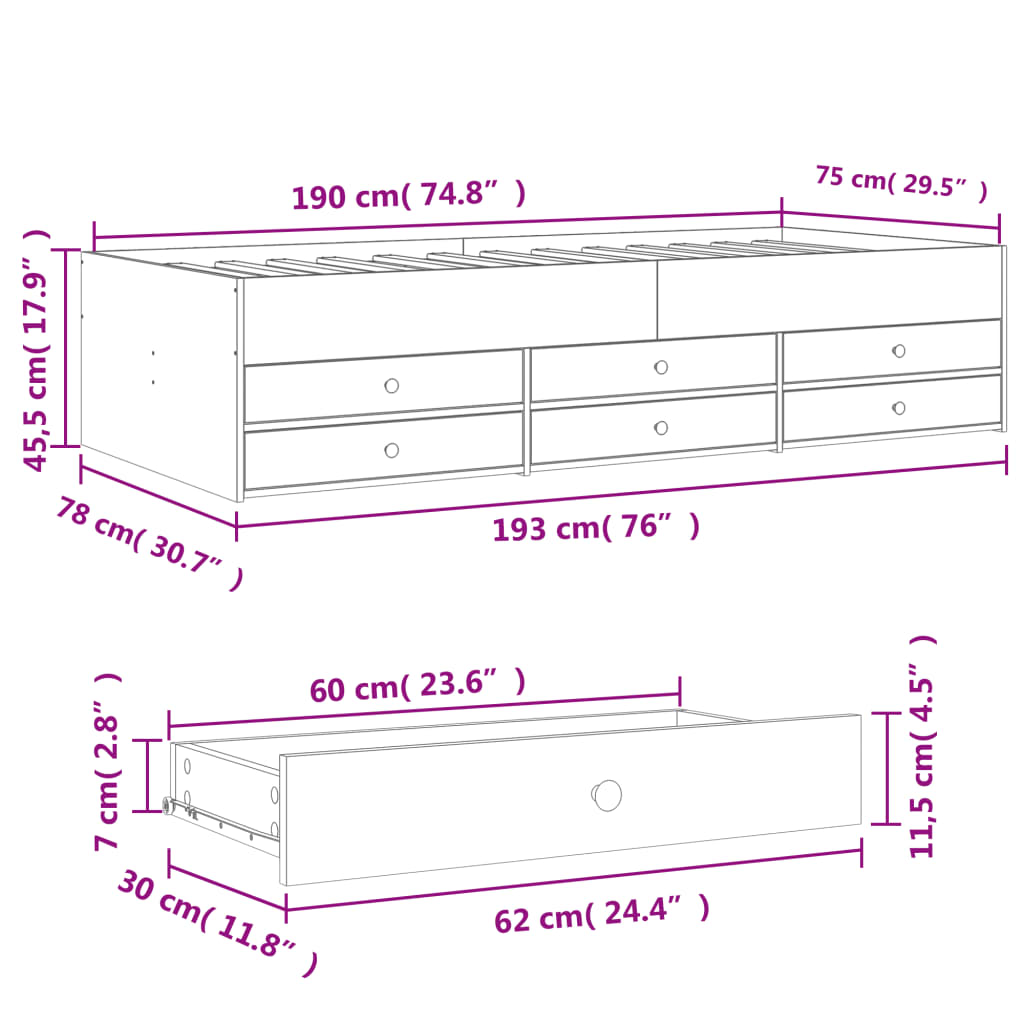 Daybed with Drawers without Mattress Black 75x190 cm Small Single