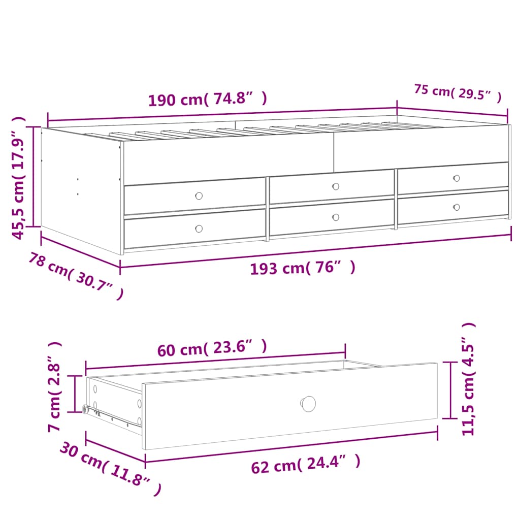 Daybed with Drawers without Mattress Concrete Grey 75x190 cm Small Single