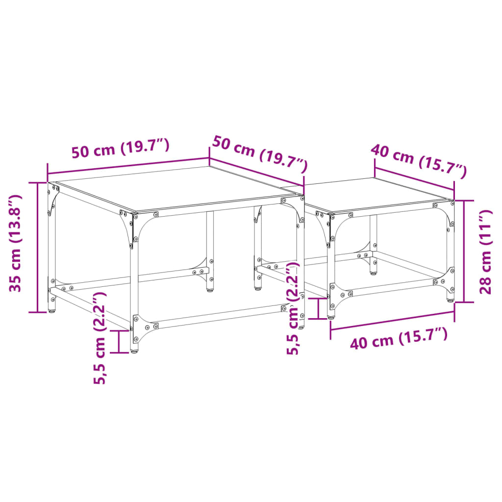 Nesting Coffee Tables 2 pcs with Black Glass Top Steel