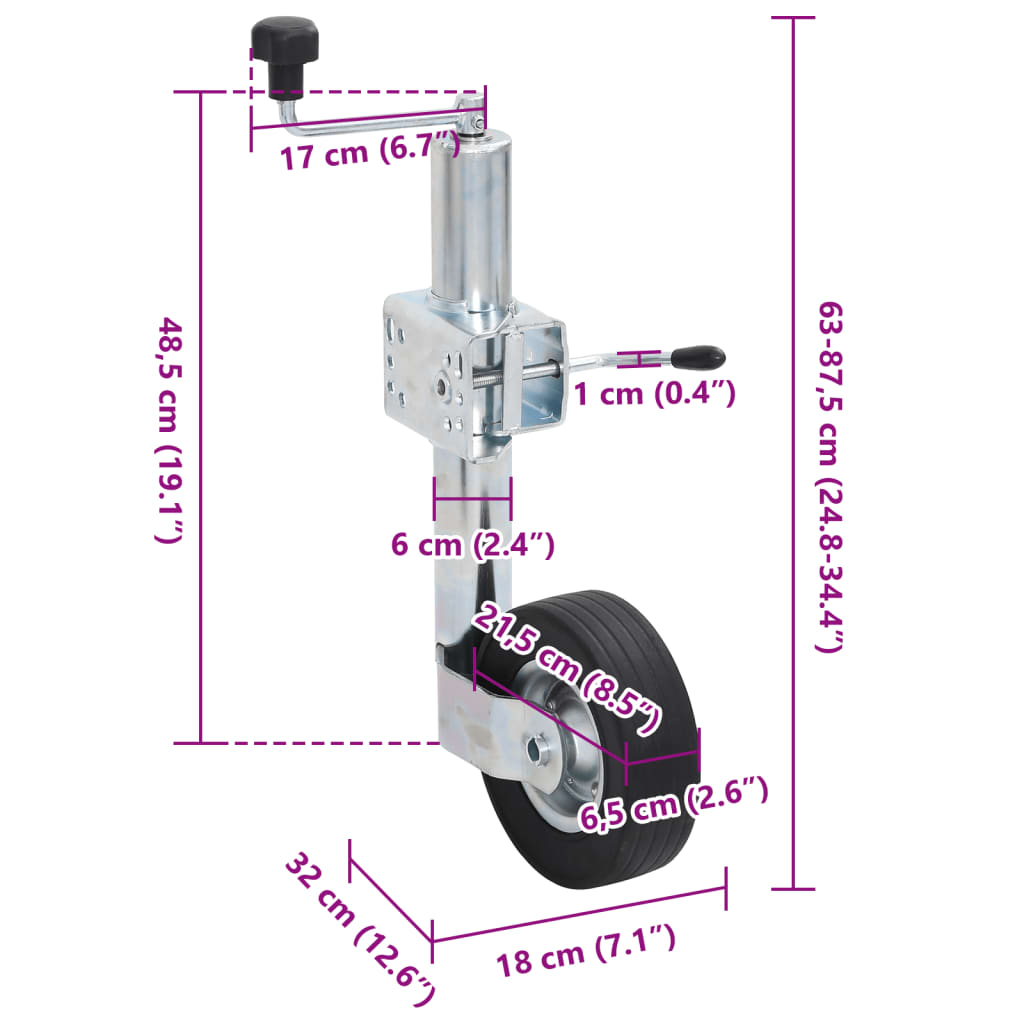 Trailer Jack Wheel 60 mm with 2 Support Tubes and 3 Split Clamps