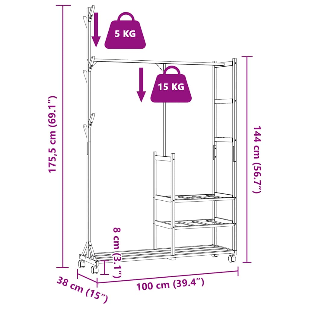 Clothes Rack | Natural Bamboo | Bamboo | 100x38x175.5 cm | Rollable