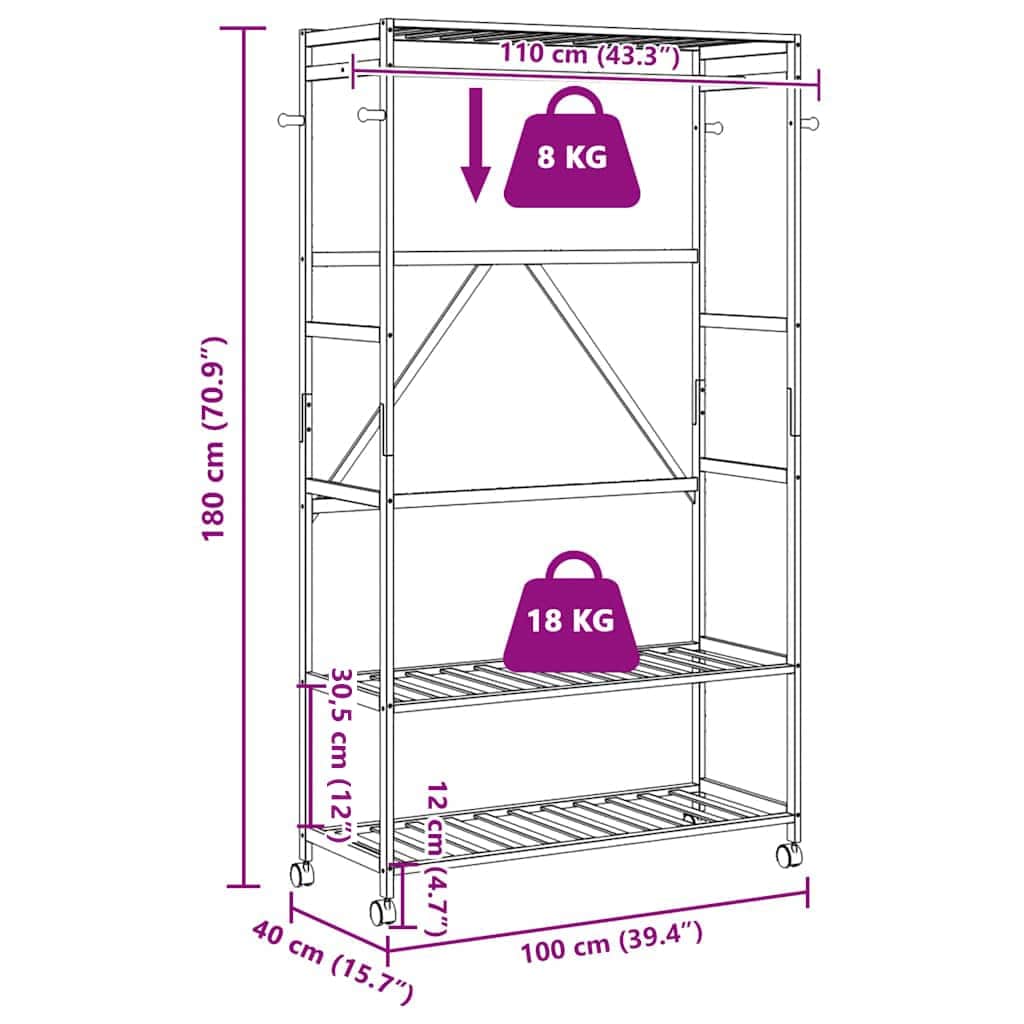 Clothes Rack with Shelves and Wheels 110x40x180 cm Bamboo