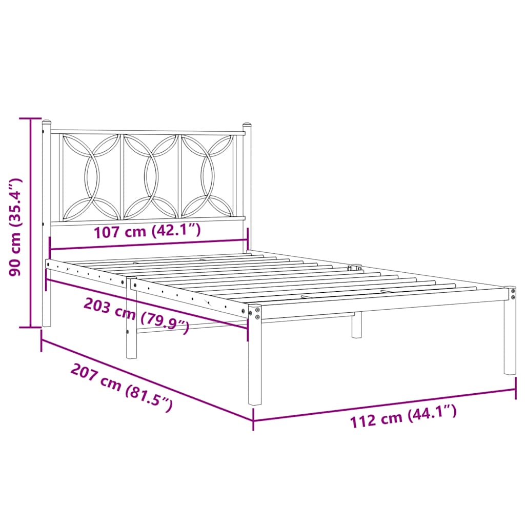 Metal Bed Frame without Mattress with Headboard Black 107x203cm
