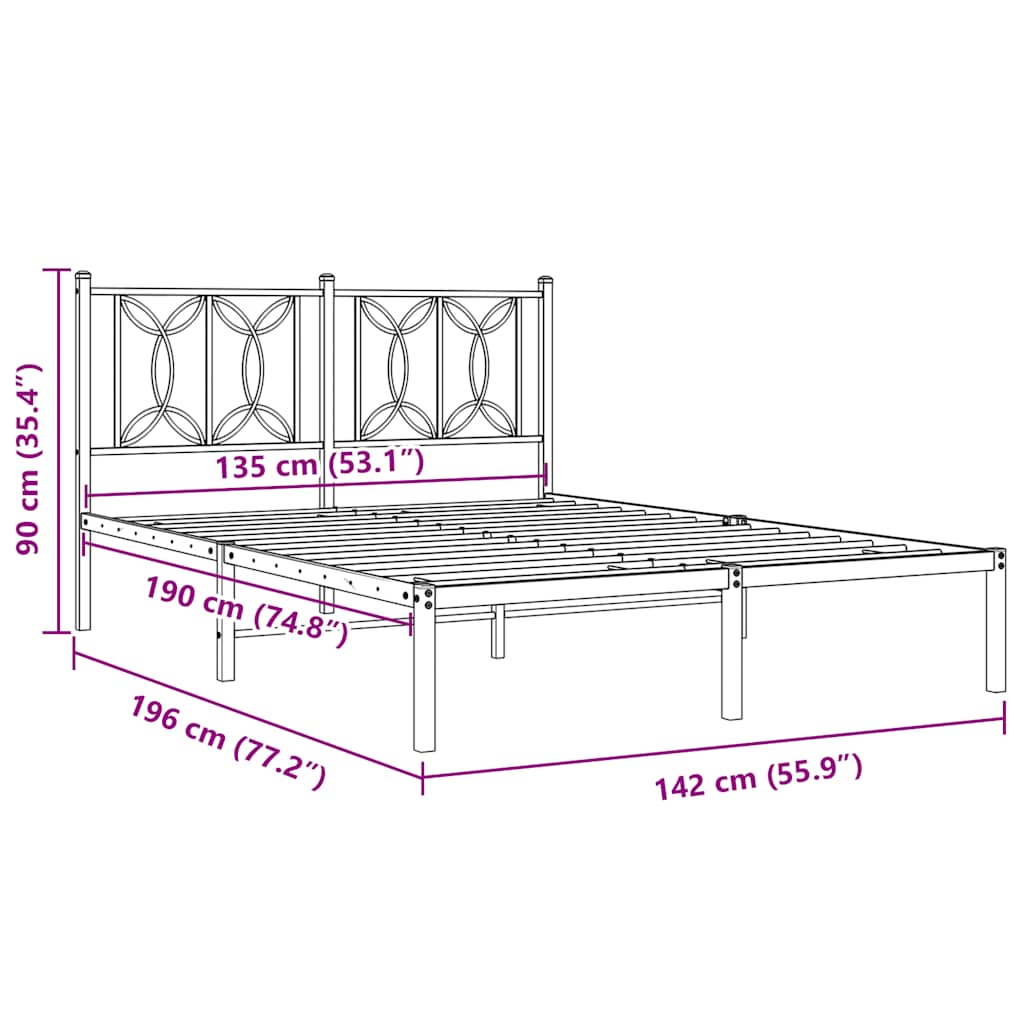 Metal Bed Frame without Mattress with Headboard Black 135x190cm