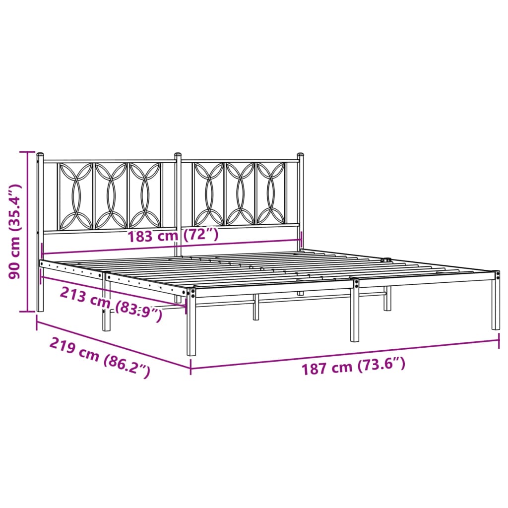 Metal Bed Frame without Mattress with Headboard Black 183x213cm