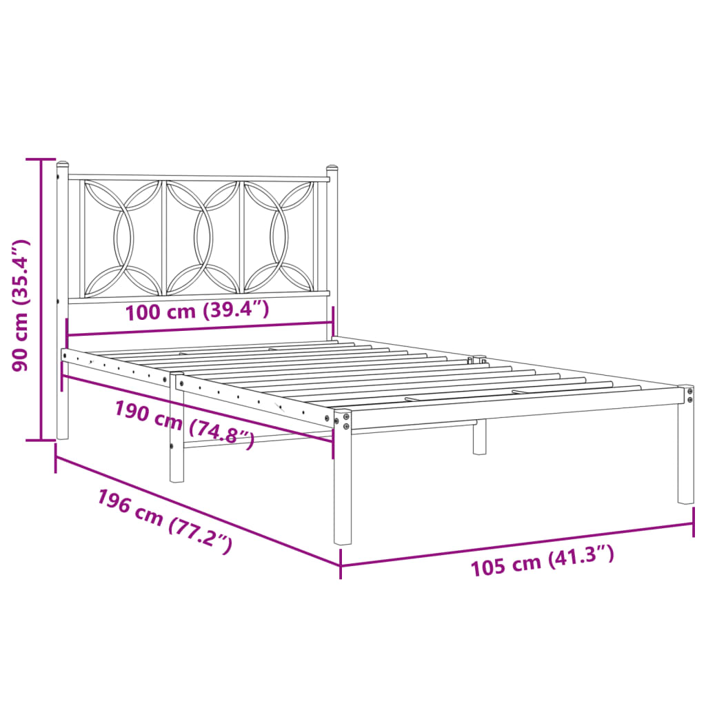 Metal Bed Frame without Mattress with Headboard White 100x190cm
