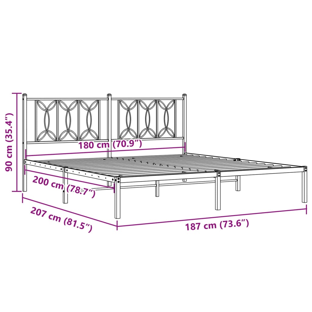 Metal Bed Frame without Mattress with Headboard White 180x200cm