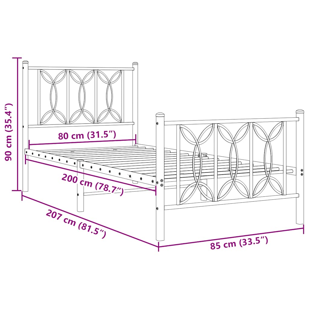Metal Bed Frame without Mattress with Footboard White 80x200cm