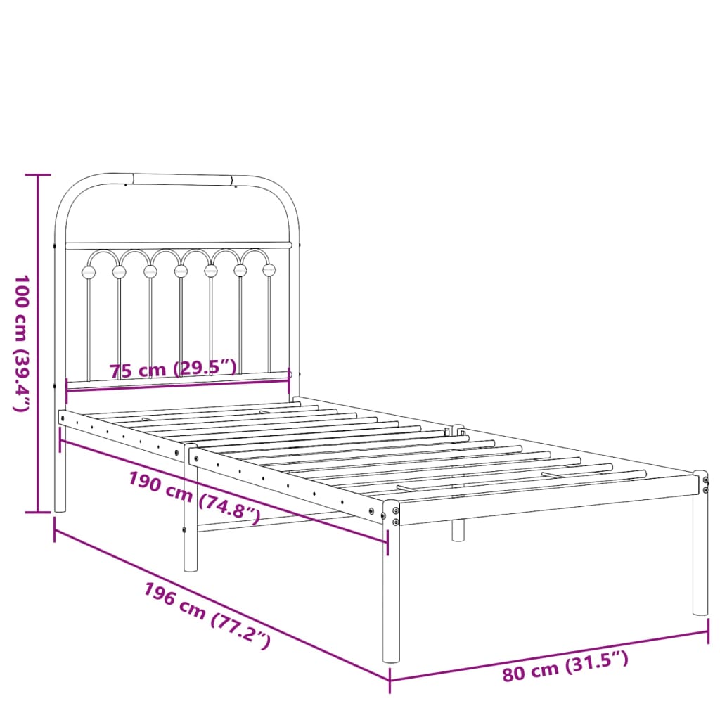 Metal Bed Frame without Mattress with Headboard Black 75x190cm